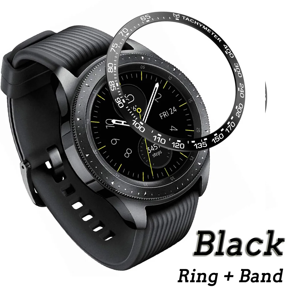 

For Samsung Galaxy Watch 42mm Bezel Ring Styling Case Adhesive Cover Anti Scratch Protection +Black Silicone Watch Band Strap #B
