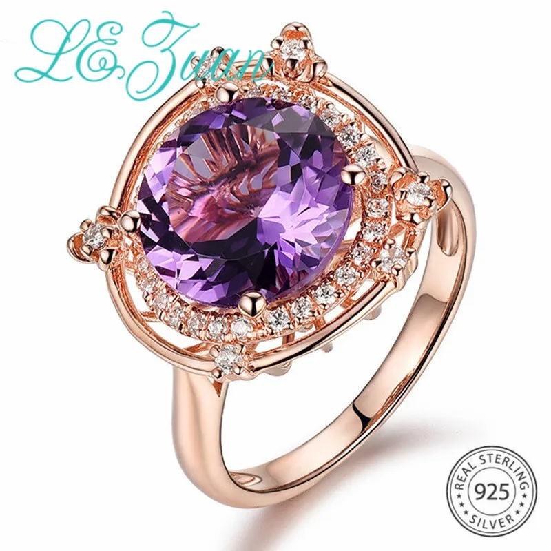 

L&zuan Natural 3.13ct Amethyst Ring for Woman Round Purple Stone Party Rings White Zircons 925 Sterling Silver Fine Jewelry Gift