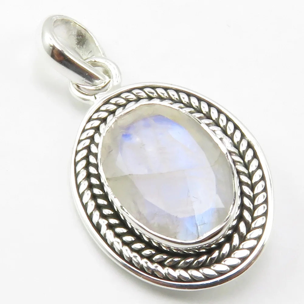 

India Unique Designed Solid Silver Natural Rainbow Moonstone Pendant 1.3" Ladies Jewelry