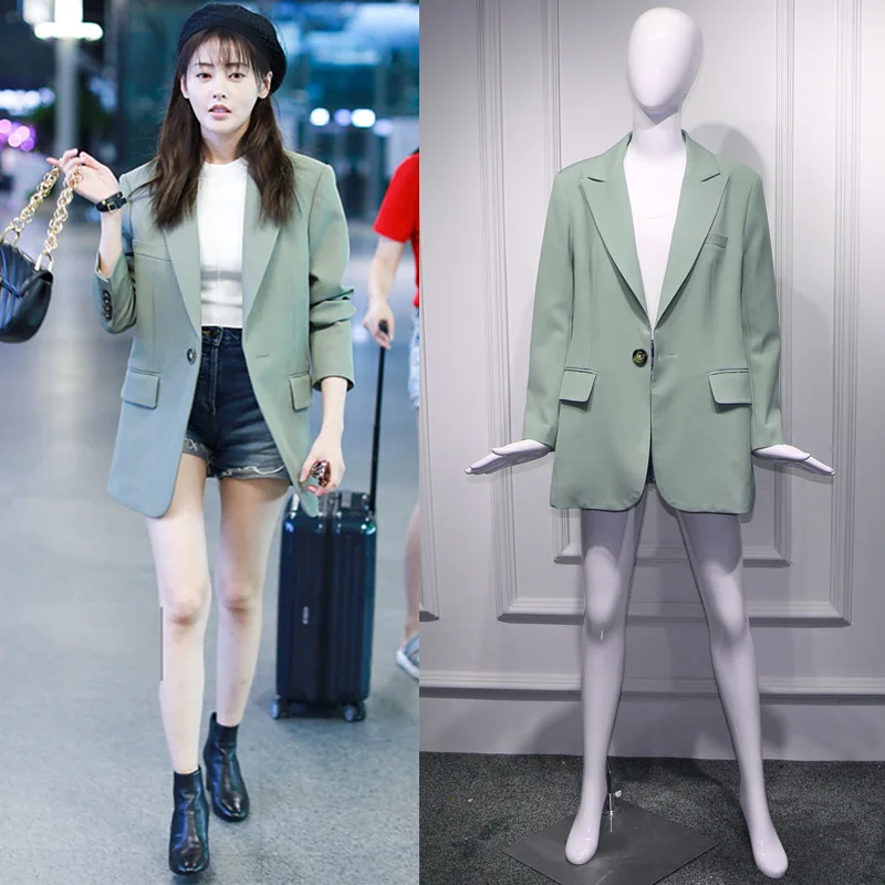 

2019 Spring Mingxingzhangtianai Airport with Retro Green Loose Casual Temperament In The Long Suit Jacket Women and Coats