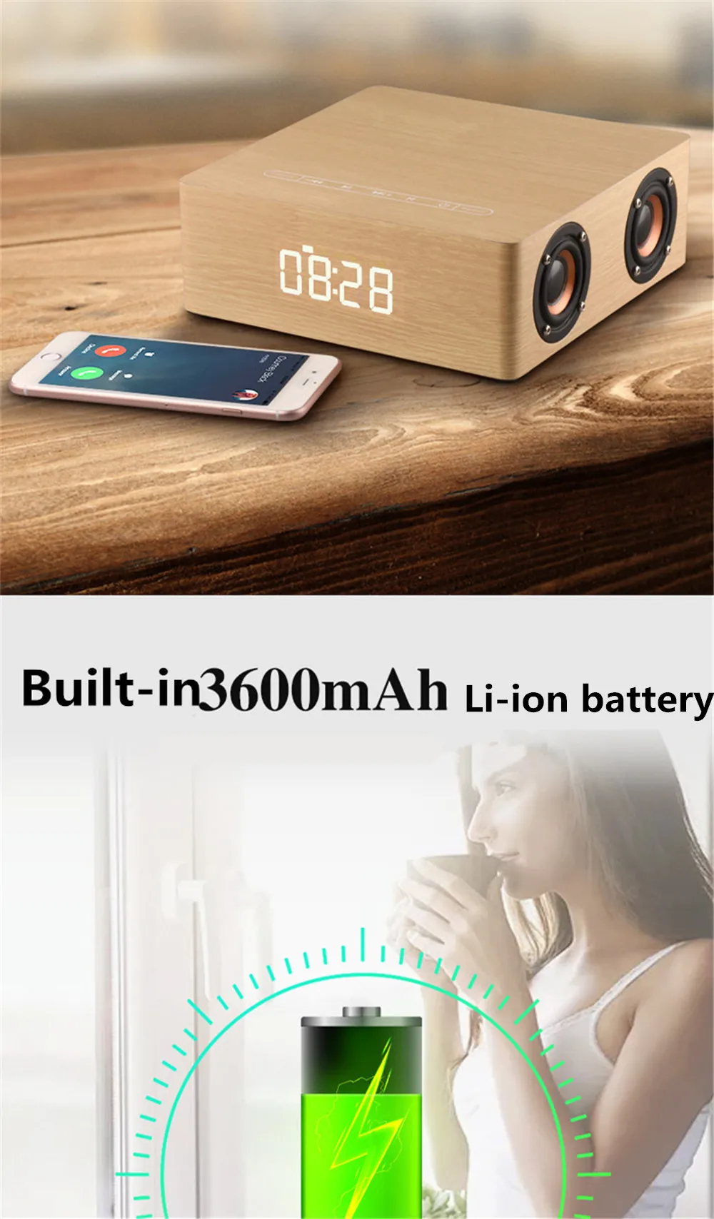 Деревянный динамик сабвуфера Bluetooth 4,2 с часами