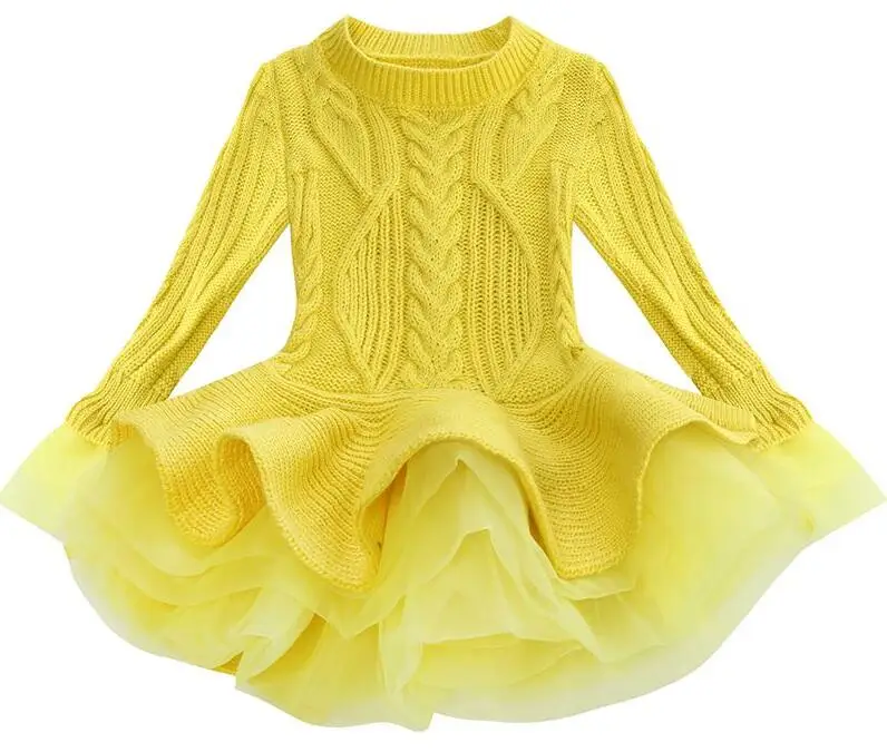 Плотное теплое платье для девочек; мини-платья для рождественской свадебной вечеринки; вязаный шифоновый зимний свитер для девочек; детская одежда; платье для девочек - Цвет: Цвет: желтый