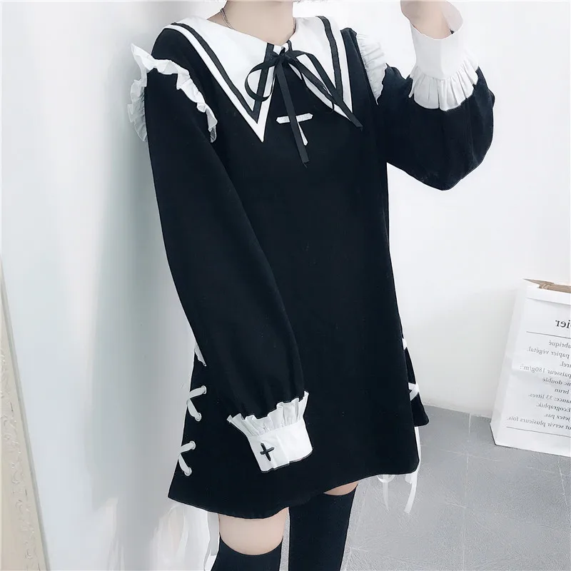 

2018 Autumn New women's Japanese bow Lolita Harajuku Dark girl dress Loli delicate embroidered fungus kawaii bandage dresses