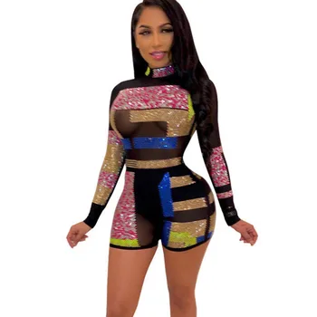 

Sexy Sparkly Rhinestone Party Jumpsuit Shorts Playsuits Women Elegant Turtleneck Long Sleeve Mesh Sheer Going Out Club Romper