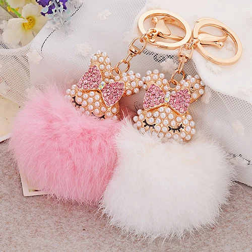 

Cute Gift Bling Rhinestone Fox Rabbit Fluffy Ball Keychain Car Key Ring Pendant Girls' love