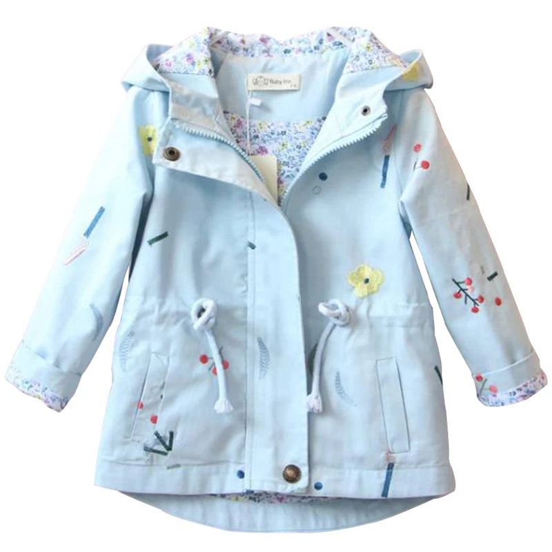 Girls Windbreaker Spring Autumn Kids Coat Baby 2 3 4 7 years Flower Embroidery Hooded Outwear Children Coats Jacket Clothing | Детская