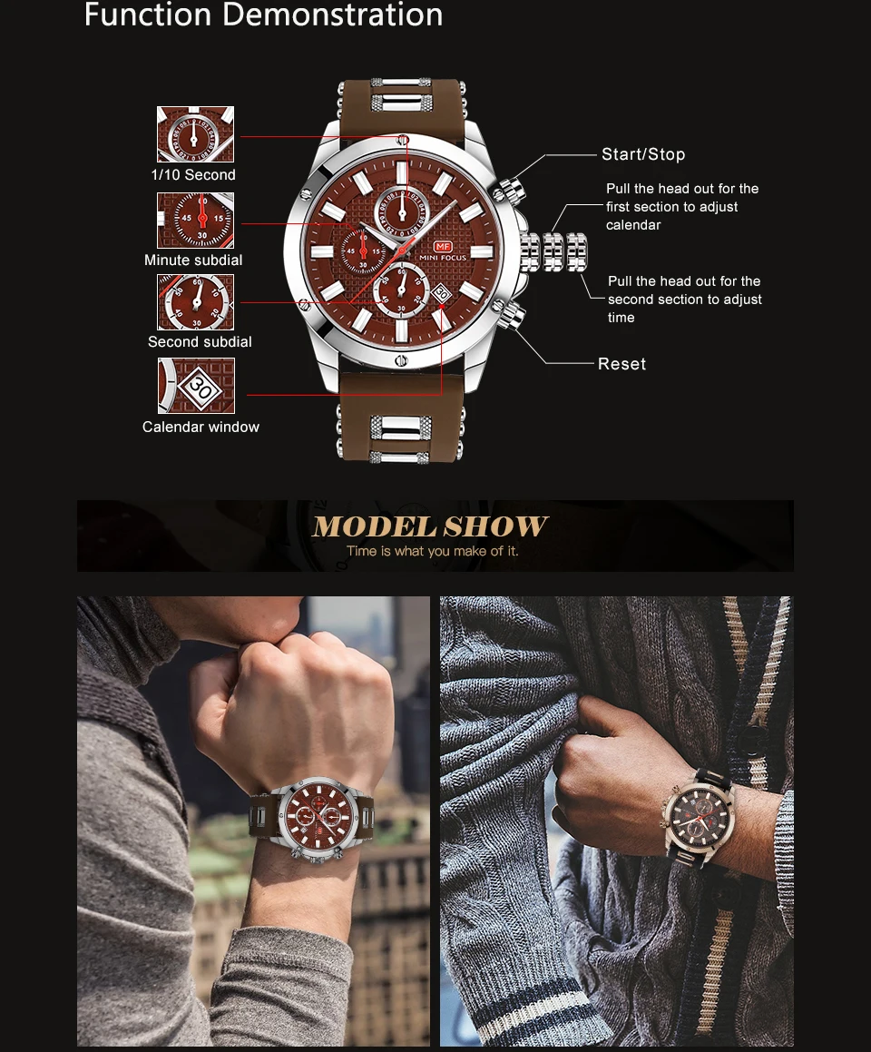 MINI FOCUS Chic Marine Men Quartz Analog Watch 3D Bolt Design 6 Hands 24H Calendar Rubber Strap Luxury Fashion Clock WITH BOX