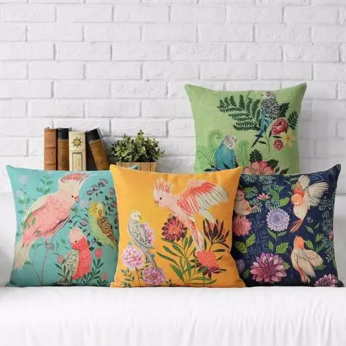 

Modern Chic Floral Parrot Pattern Cushion Cover Birds Decorative Throw Pillow Case Linen Country Style Couch Car Home Decor 18"