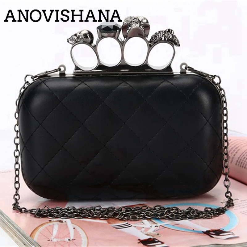 

ANOVISHANA New Arrival Skull Purse Knuckle Ring Handbags Women Skull Clutch Evening Bag Shoulder Chain Cluthes Bolsas Femininas