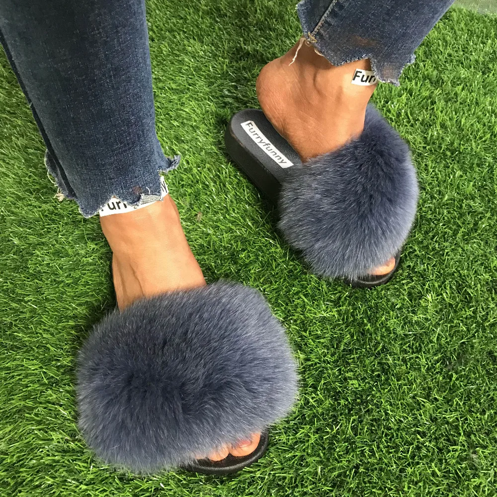 

FunFur - Furry Fur Slides Slippers Real Fox Fur Gray Women's Sandals Indoor Outdoor Slides Shoes