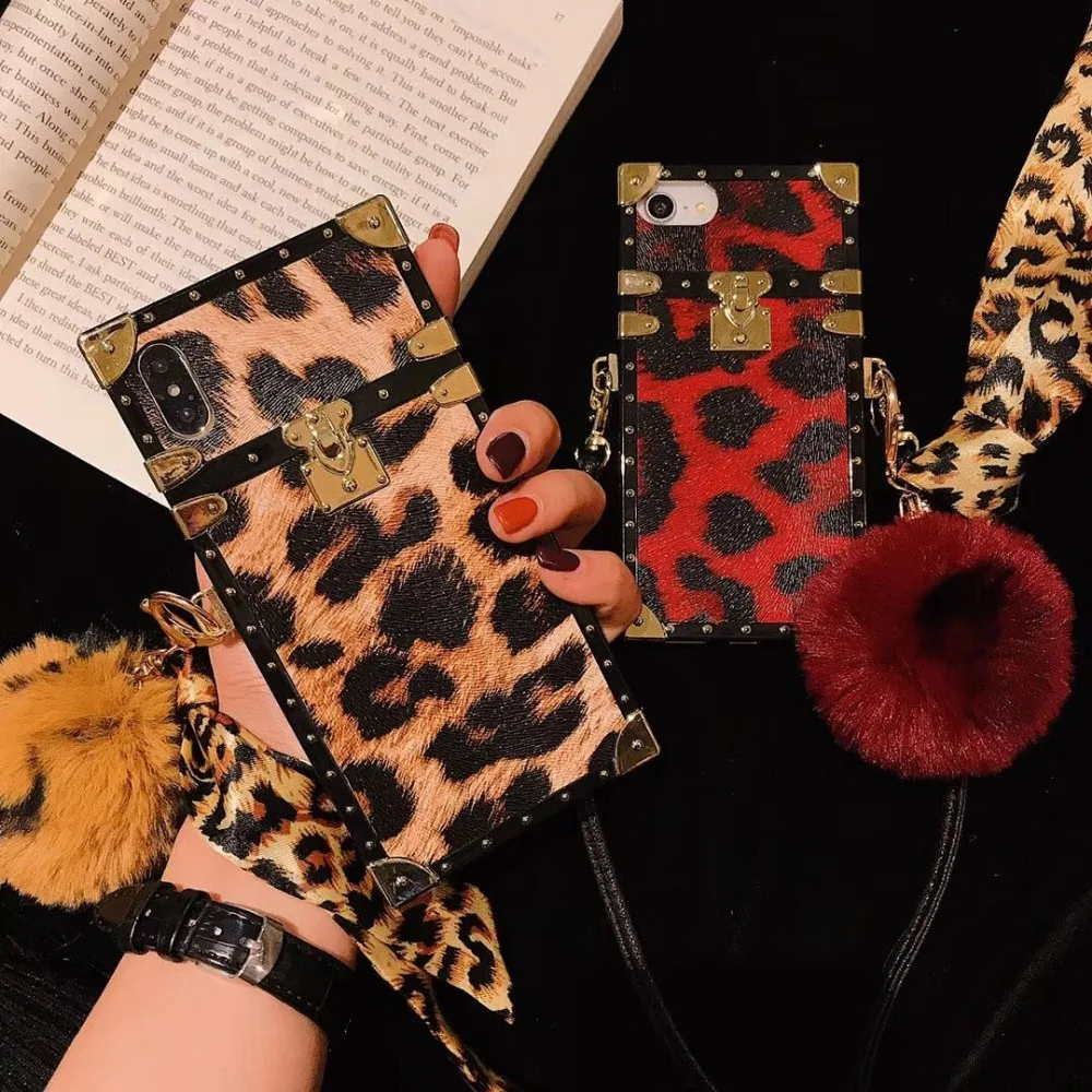 

Fur ball Square Case For iphone X XS Max 7 Plus Shockproof neck strap Phone Case For iphone 8 6 6S Plus Leopard Print back cover
