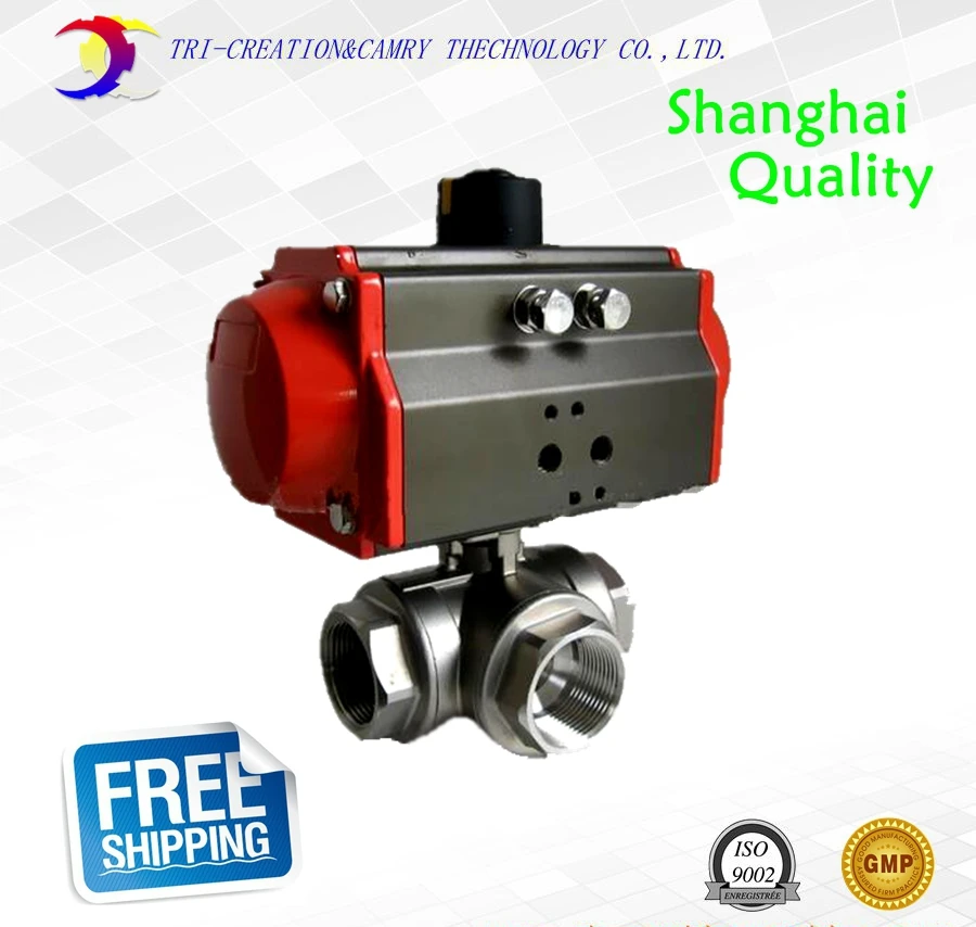 

1/2" DN15 thread stainless steel ball valve,3 way 316 screwed/female pneumatic ball valve_double acting AT T port ball valve