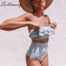 Sollinarry, новинка, купальники с оборками, комплекты с бюстгальтером, в полоску, сексуальные купальники, высокая талия, Женский повседневный летний пляжный купальник, женские комплекты