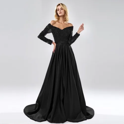 Черный BEPEITHY Robe De Soiree с открытыми плечами длинное вечернее платье трапециевидной формы, вечерние, элегантные,, полный рукав, фиолетовый кружевной лиф, платье для выпускного вечера - Цвет: Черный