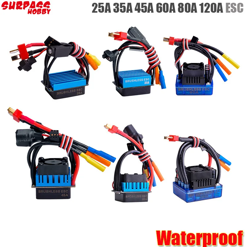 Водонепроницаемый бесщеточный контроллер скорости 25A 35A 45A 60A 80A 120A ESC для 1/8 1/10 1/12