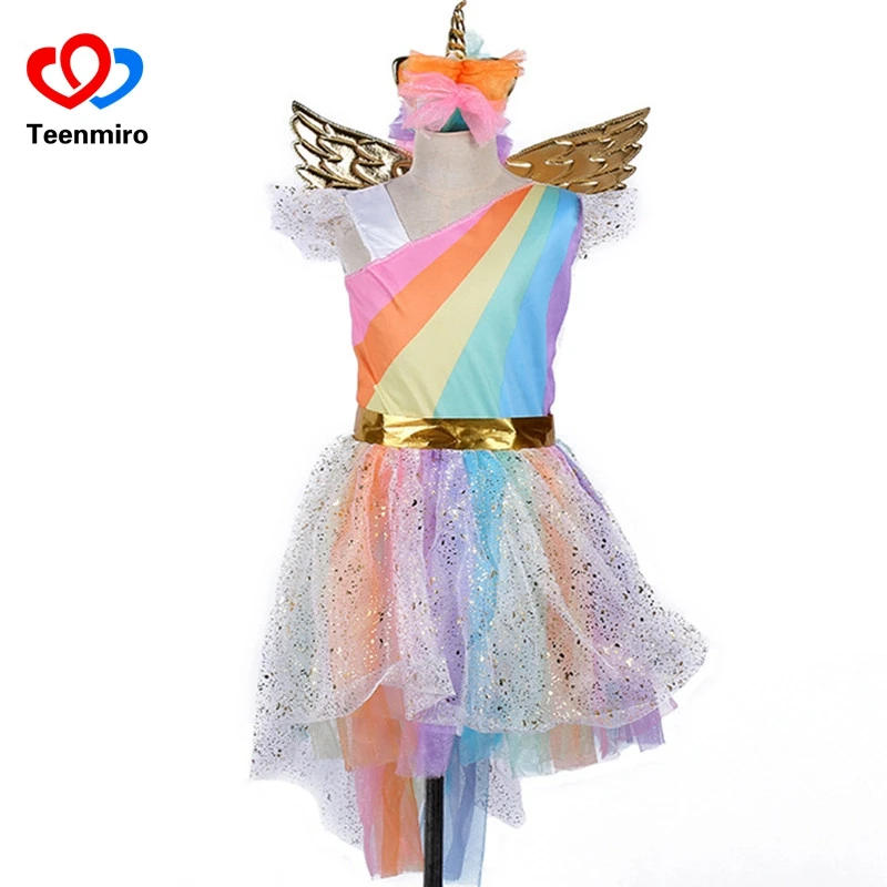 Дешево Детское платье с радужным единорогом для девочек, карнавальный костюм для выпускного вечера, детские кружевные платья принцессы, комплект ...