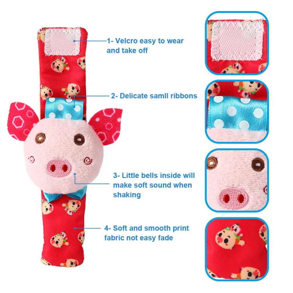 2 PCS Baby Foot Rattle, Wrist Rattle and Socks Toys Set Toddler Soft Animal Toys Pig and Dog Fun Toys