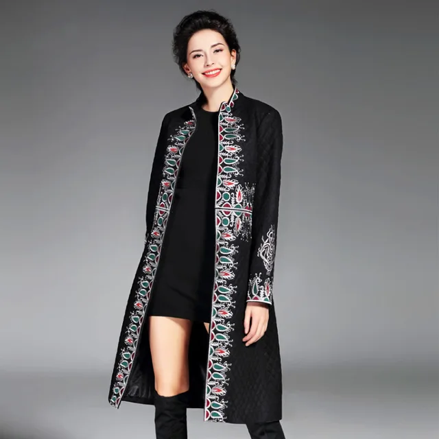Cheap China style royal embroidery coat women 2016 autumn winter new flowers puls size vintage long floral coat Parkas female M-3XL