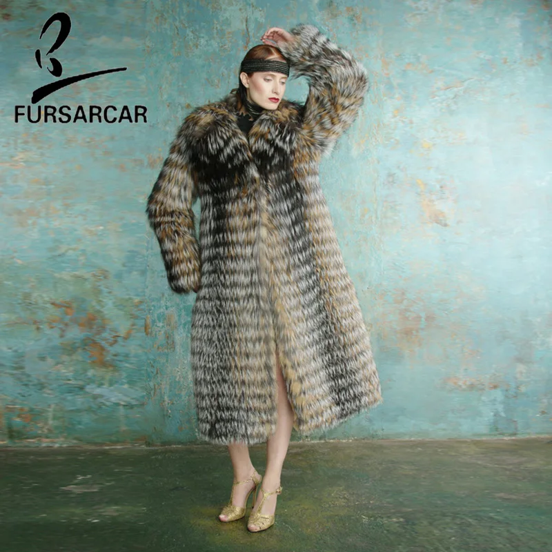 

FURSARCAR Luxury Winter Real Fur Coat Women Nature Fox Fur Jacket Turn down Fur Collar Genuine Silver Fox Fur Trench OverCoat