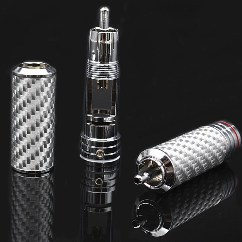 

Hifi audio 4pcs Rhodium plated Carbon Fiber RCA Plug 8mm Audiophile Eutectic Copper Shell RCA Male Plug Soldering Connector