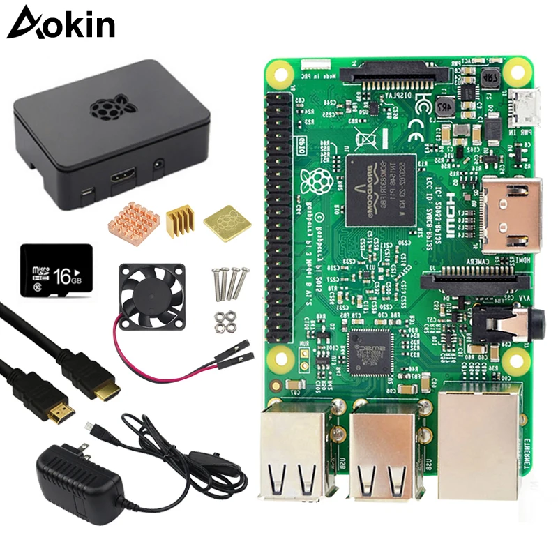 

Raspberry Pi 3 Model B kit 5V2.5A Power supply with Switch + 16G SD card +ABS Case+Cooling Fan+Heat Sink+HDMI Cable +5MP camera