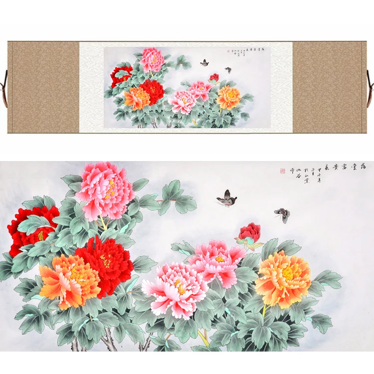 

Chinese Silk watercolor flower and birds ink Peony Butterfly print feng shui canvas wall picture damask framed scroll painting
