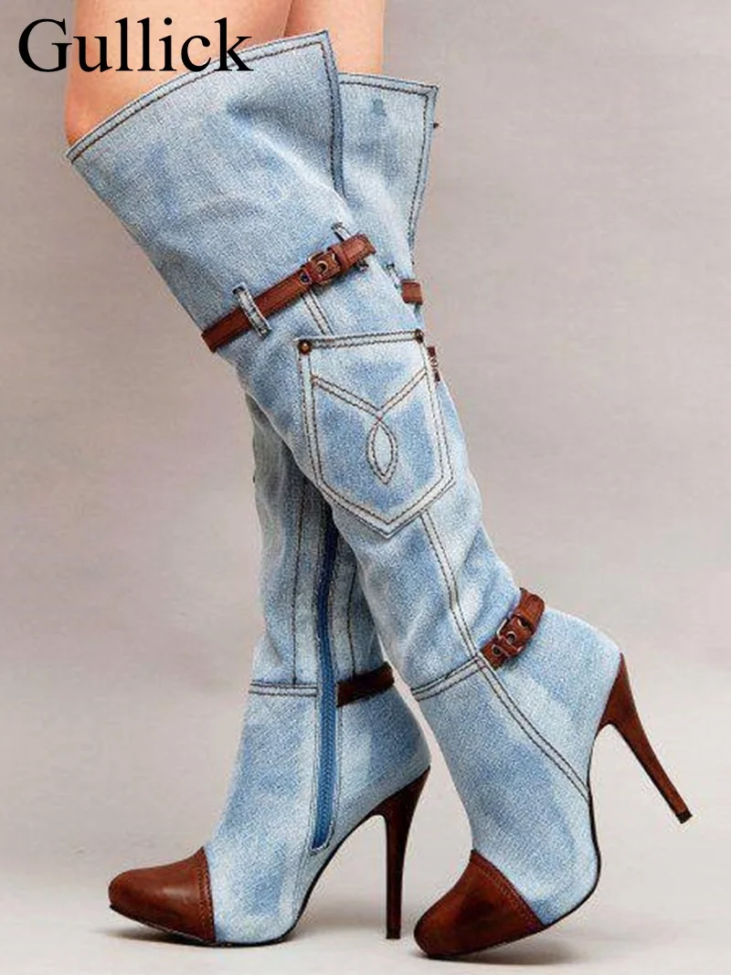 Blue Denim Long Boot Women Brown Leather Patchwork Knee High Boots Pointed Toe Jeans Stiletto Heel Belt Buckle Strap Pocket Boot