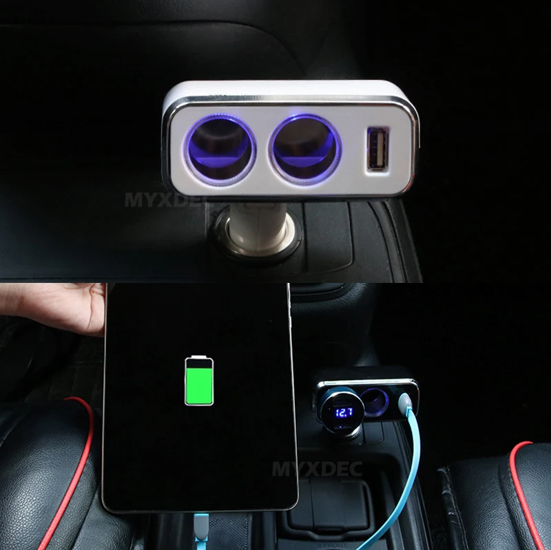 Тройной 1-2 разъем+ USB блок питания Автомобильное зарядное устройство Блок питания двойной с синими лампами для gps