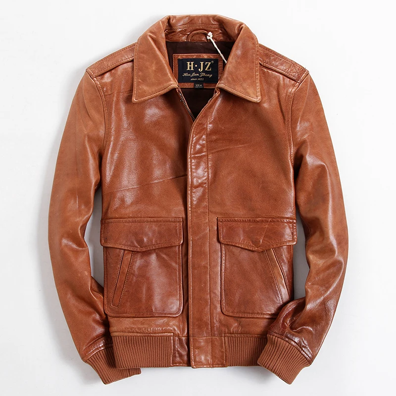 2017 Men Yellow Genuine Pilot Leather Jacket Turn down Collar Real Thick Cowhide Plus Size XXL
