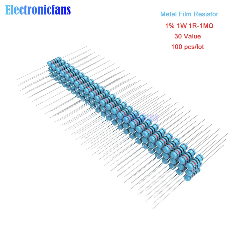 100 шт./лот металлического пленочного резистора 1% 1 Вт 1R 4.7R 10R 100R 220R 1K 2,2 K 4,7 K 6,8 K 10K 22K 47K 100K 470K 1 МОм Ohm Сопротивление 1R-1M Ω