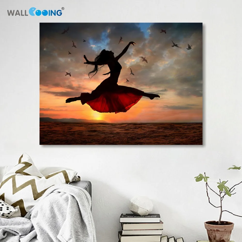 

Sunset Seaview canvas painting Dance girl setting spray Yoga woman image modern home Spr Yoga studio pictureswall art posters