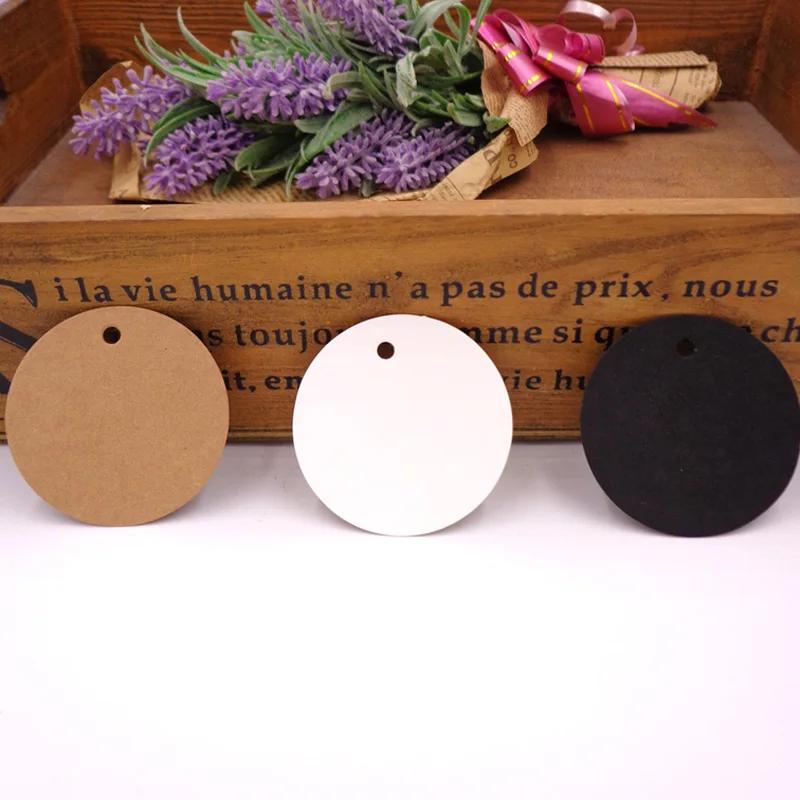 

100pcs Round Kraft Bookmark Blank Gift Tags Kraft White Black Price Label Paper Hang Tags With Hemp Rope Dia. 5cm
