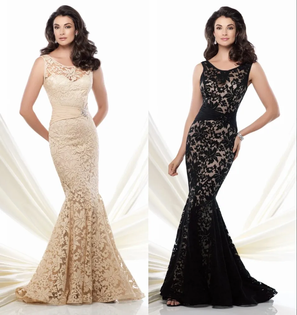 

Noble Champagne Black Lace Royal Evening Dresses Fashion scoop Mermaid Brides Mother Dresses For Weddings Plus Size 2-22W