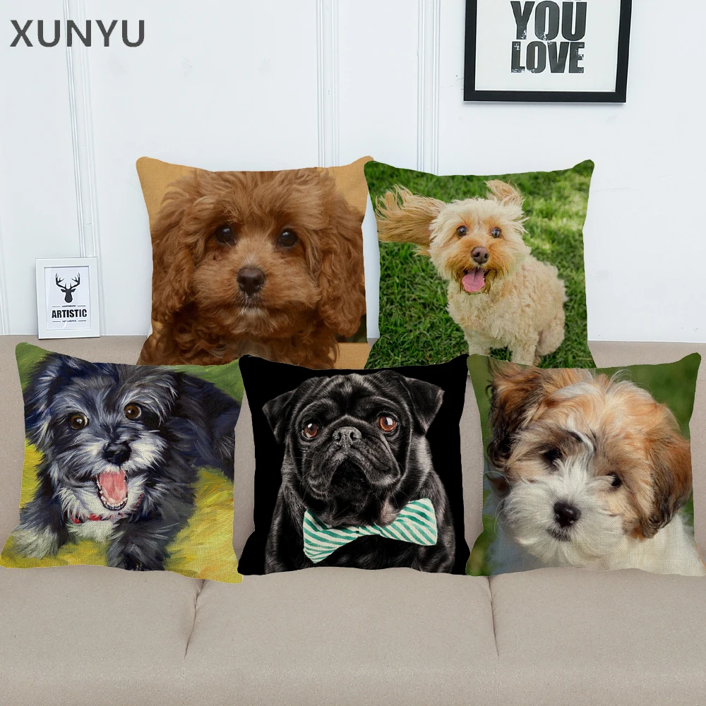 

XUNYU Cute cavoodle dogs Linen Cushion Cover Animal Pattern Decorative Pillowcase Home Sofa Square Pillow Cover 45x45cm AC020