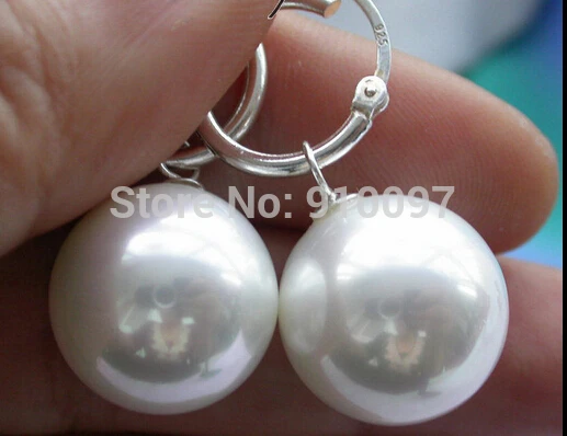 

>>>16mm round white south sea shell pearl dangle earring silver