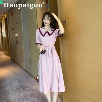 

Preppy Style Summer Dress 2019 Short Sleeve Corset Vintage Pink Dress Women with Sashes Office Dress Plus Size Zomerjurk Dames
