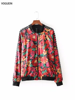 

VOGUEIN New Womens Vintage Dot Floral Print Zipper Bomber Jacket Coat Outwear Wholesale