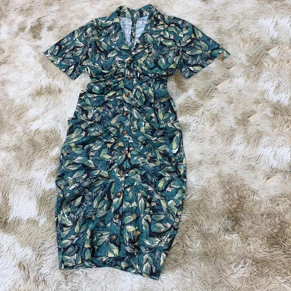 

2019 new ladies fashion short-sleeved lapel pleated print dress 0610