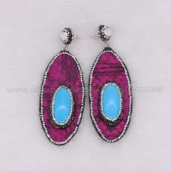 

Hot pink snakeskin drop earring High Quality Leather earrings pave rhinestone &blue stone oval Party jewelry for women fashion