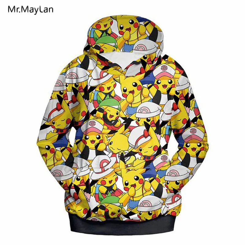 

3D Hoodies Print Cartoon Pokemon Cute Happy Pikachu Men Women Streetwear Pullover Hooded Sweatshirts Boy Jackets Tops 2018