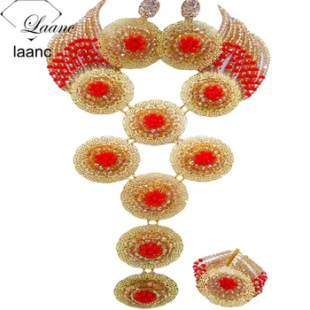 

Laanc Brand African Fashion Nigerian Bridal Wedding Jewelry Sets Crystal Gold AB Red Bridesmaid Necklace AL299