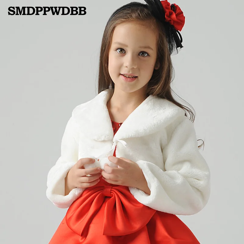 

White/ivory Long Sleeve Warm Wedding Cloak Fur Trim Junior Bridesmaid Cape for communion dress flower girl Bolero