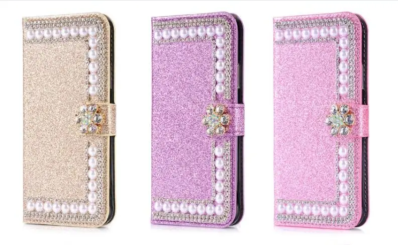 

Luxury Bling Rhinestone Pearl Wallet Shiny Card Slot Wallet Flip Leather Cover Case For Samsung A3 A5 J3 J5 J7 2016/2017 Capa
