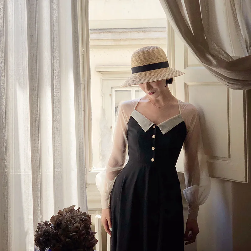 

vestido Spring Autumn Women Vintage Hepburn Style Elegant Slim V-Neck Long Sleeve Mesh Patchwork Black Knee-Length Dress sukienk