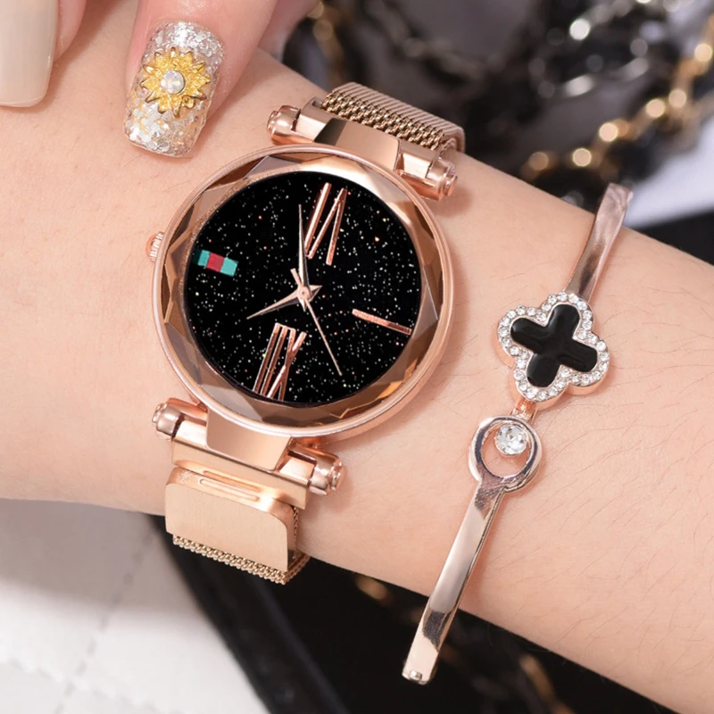 Luxury Rose Gold Women Bracelet Watches Minimalism Starry Sky Magnet Buckle Fashion Clock Roman Numeral Dial Ladies Wristwatch huismerk kopen in de aanbieding Luxury Rose Gold Women Bracelet Watches Minimalism Starry Sky Magnet Buckle Fashion Clock Roman Numeral Dial Ladies Wristwatch huismerk kopen in de aanbieding