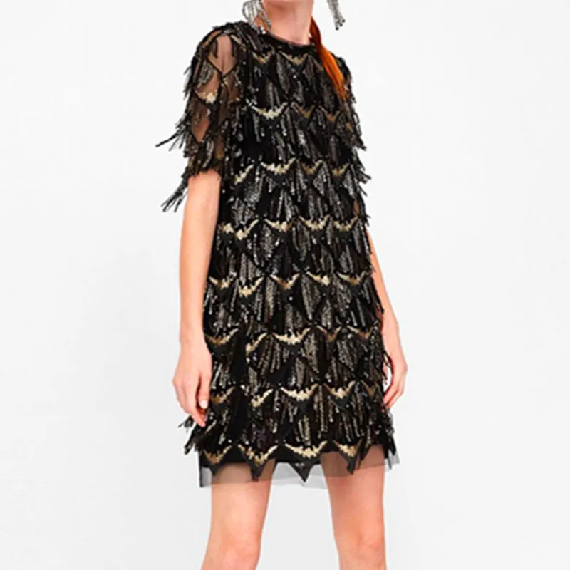

1920s Cocktail Party Dress Short Sleeve Lady Elegant Black Lace vestidos 2019 Women Sequined Tassel Ball Dress Bill Gates