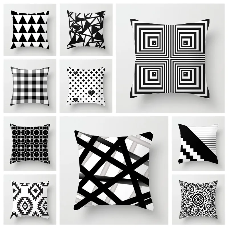 

YVEVON Geometric Cushion Cover Black White Polyester Throw Pillow Case Striped Dotted Grid Triangular Couch Decor 45cm 18inch
