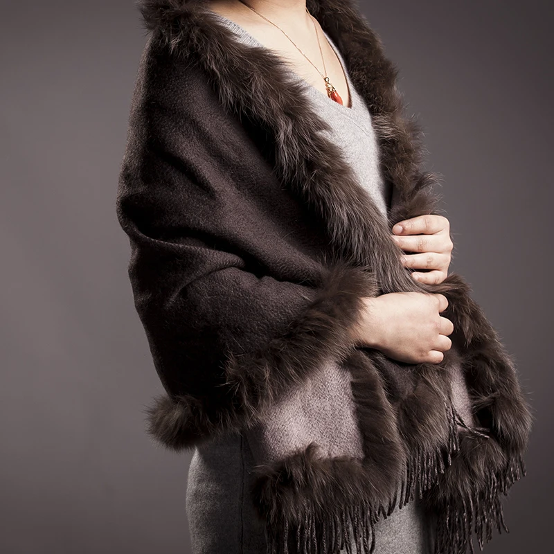 Натуральным лисьим меховая отделка шарф женский Дамы Зимняя Осень-весна обертывания 100% из чистого кашемира двойной цвет S17