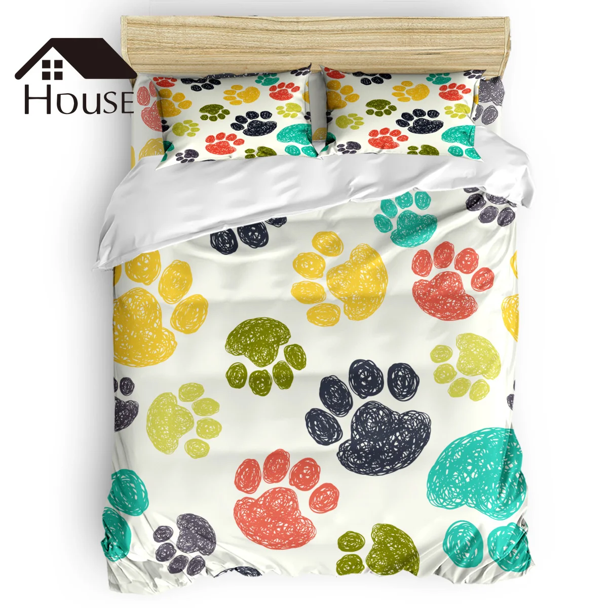 

BIGHOUSES Duvet Cover Set Colour Dog Paw Print Duvet Cover 4 Piece Bedding Set