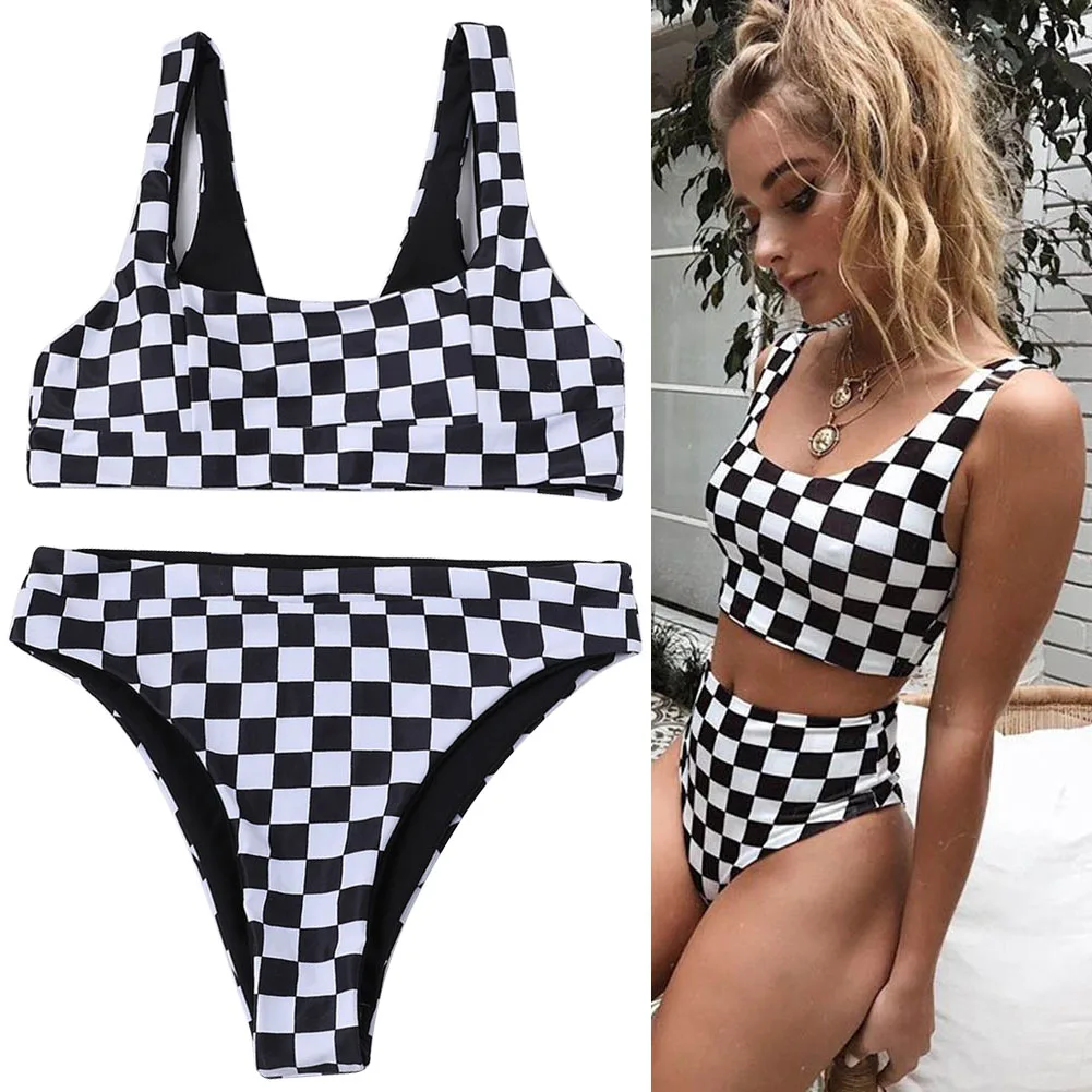 

2019 Sexy Ladies Split Swimwear Set Black White Grid Printed High Waist Bikini Briefs Swimsuits for Beach ALS88